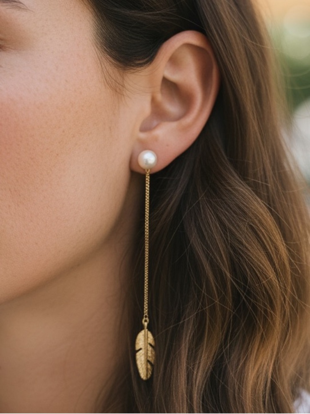 Boho Pearl Feather Dangle Gold Indie Earrings - Picture 1 of 6
